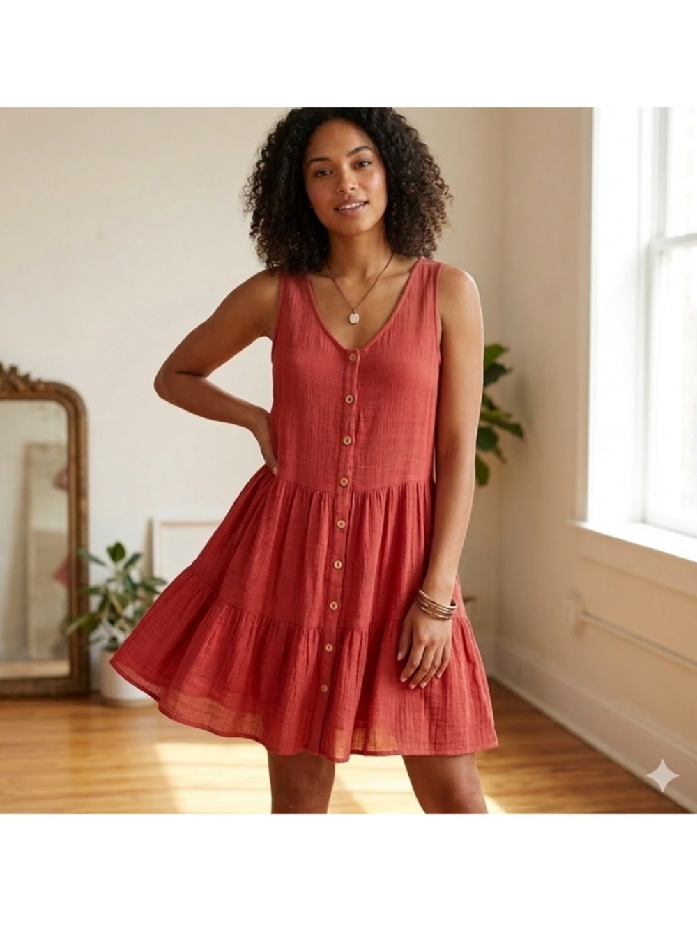 Cool Girl Easy Gauze Boho Buttons Summer Festival Vibes Dusty Red Mini Dress